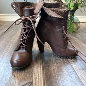 Brown Heeled Boots with Lace-Up Design